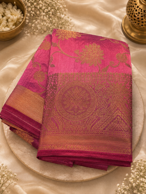 Graceful Silk Saree Featuring Elegant Zari Weaving, A Rich Texture, And A Structured Drape . Attached Blouse Piece Included. Slight Variation In Colour And Design May Occur.