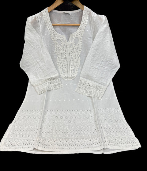 Embroidered Lucknow Chikankari White pure Cotton Short Kurti Top Tunic for Women