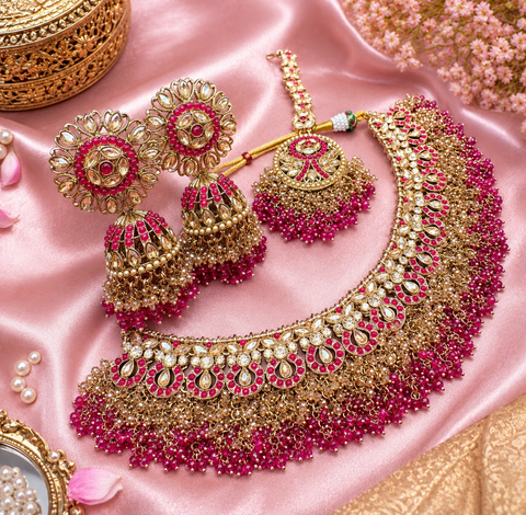 Original Polki stone with pearls beaded work beautiful necklace with jhumka and tikka set