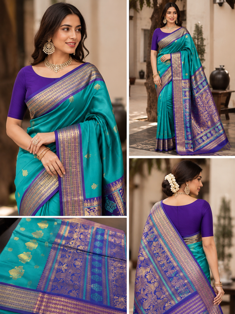 Premium Art Silk Saree Featuring Elegant Zari Weaving, Saree Comes With An Attached Blouse Piece. Model Blouse Is For Reference Only. Slight Variation In Colour And Design May Occur