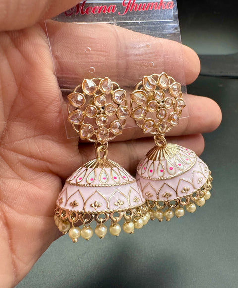 Polki Stone With Pearls Work Beautiful Meenakari Jhumka