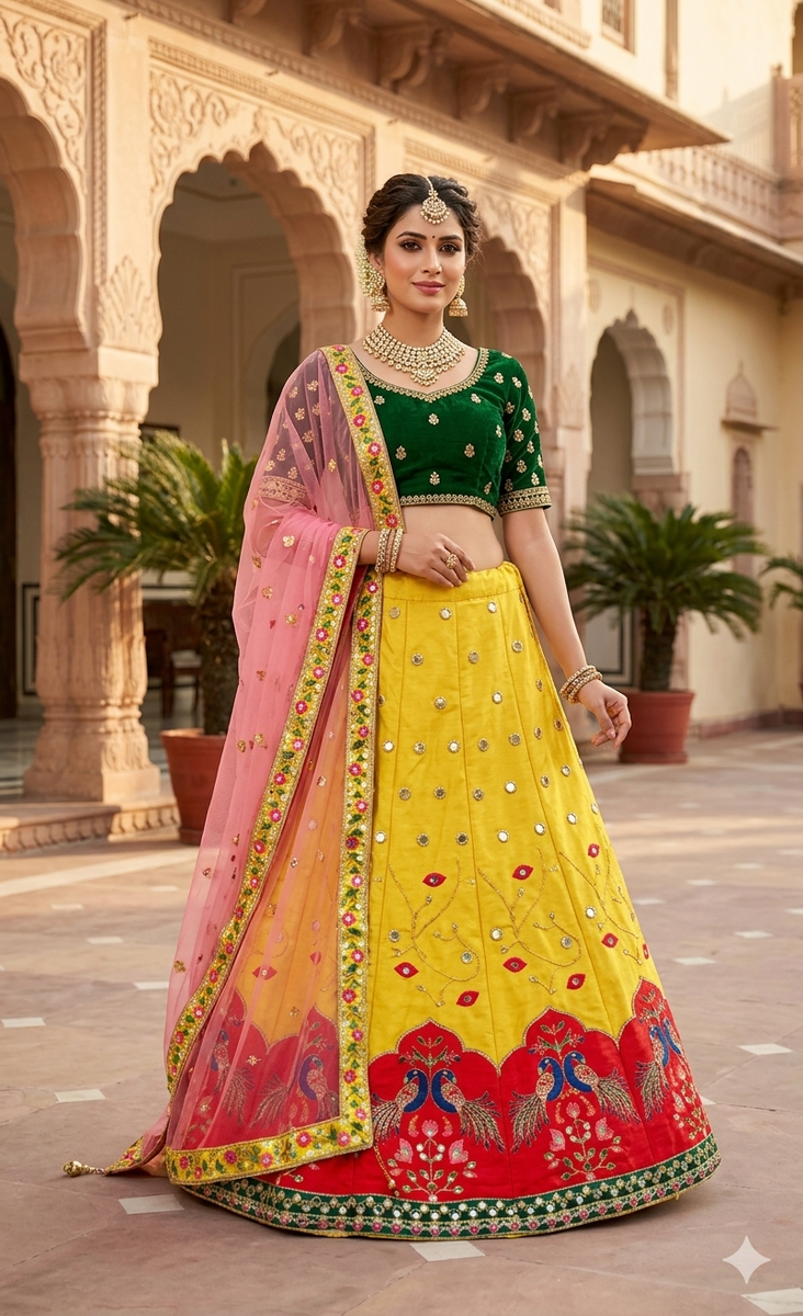 Size 44(upto 48) Dark Bumblebee Yellow colour silk based peacock emboi ...