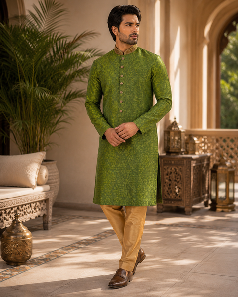 Soft Silk based Heavy brocade work with stone work buttons and neck design , designer Kurta with golden Pajama (slight variation in color and design is possible)