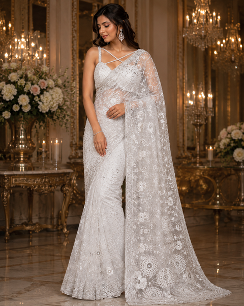 Bollywood style heavy work designer Saree with netting base fabric and stones with mirror work design all over with embroidery work (Blouse Piece Worn By Model Is For Reference Only, Blouse Piece Attached To Saree) Slight Variation In Color And Design)