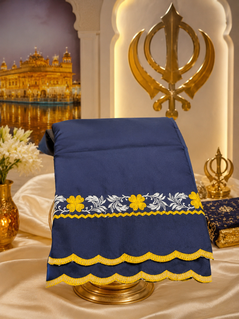 Elegant Hazoori Saropa crafted in rich navy blue fabric, adorned with traditional yellow and white embroidery and a delicate scalloped border.Size (around 216cms lenth / 84 cms wide)