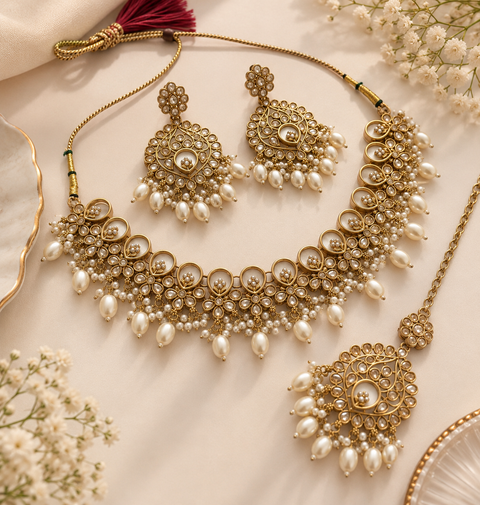 Beautiful polki stones with pearls and colorful stones necklace & earrings with Tikka. Slight variations in colour and design are possible (ll
