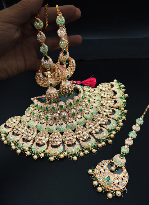 (video clip attached)Green & Mint base Original Kundan Polki stones with Meenkari & Pearls work Bridal necklace with beautiful Jhumka, tikka  NOTE:- original Kundan Polki stones not fake plastic stones)