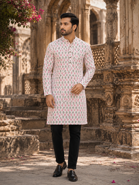Pure Cotton Based Men’s Printed Kurti (Sizes Mentioned In Inches ,Not According To The Label On Kurti) Size 44 Kurti- Length 40 Inches And Size 46-Length 42 Inches ) Kurti only. Pants not included.
