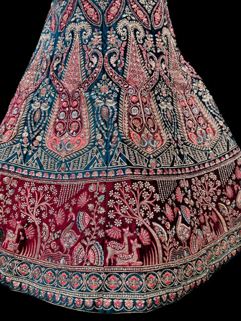 Peacock and Deer design Velvet based hand work with stones work embroidery work and original mirrors work design Heavy Ken ken Bridal designer lehnga with heavy handwork blouse and heavy work netting dupatta( video clip attached for reference )