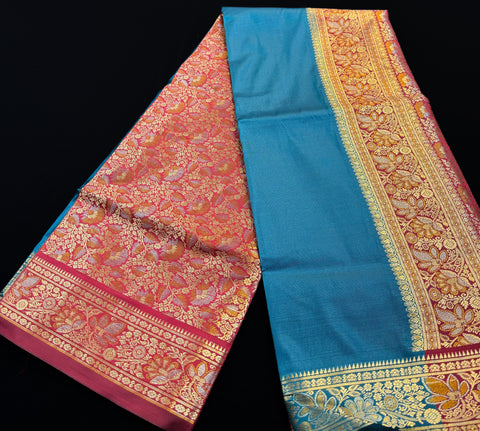 Beautiful Soft Silk Saree With Contrast Zari Border And Contrast Plain Blouse