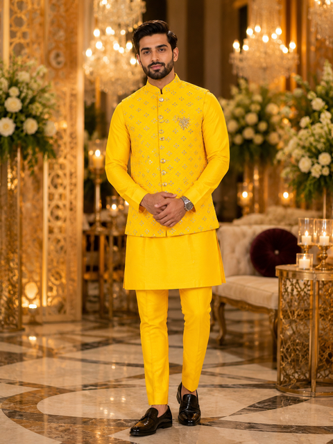 Mirror work Jacket with Raw Silk based Kurta & pants (slight variation in color and design is possible)