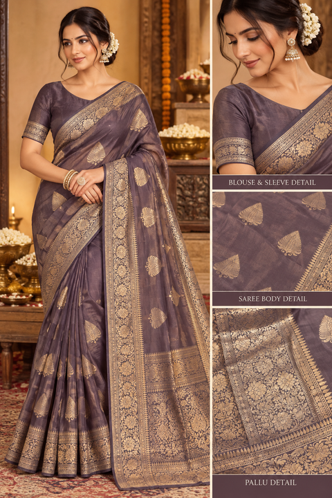 Luxuriously soft silk saree with a smooth, lightweight feel and beautifully flowy drape. Featuring rich woven zari floral motifs and an elegant detailed border .Blouse piece included. Slight variation in colour and design is possible.
