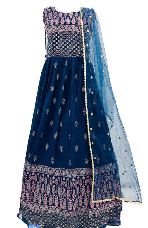 Georgette based printed work with mirror work neck design beautiful flared Kameez with netting Dupatta