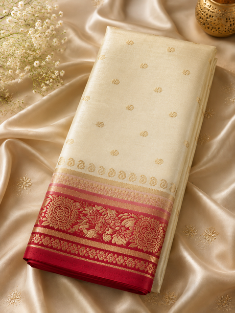 Plain silk Saree with contrast zari border and contrast plain Blouse, Model-Worn Blouse Is For Reference Only. Unstitched Blouse Piece Is Attached With Saree(Slight Variation In Color & Design Is Possible)