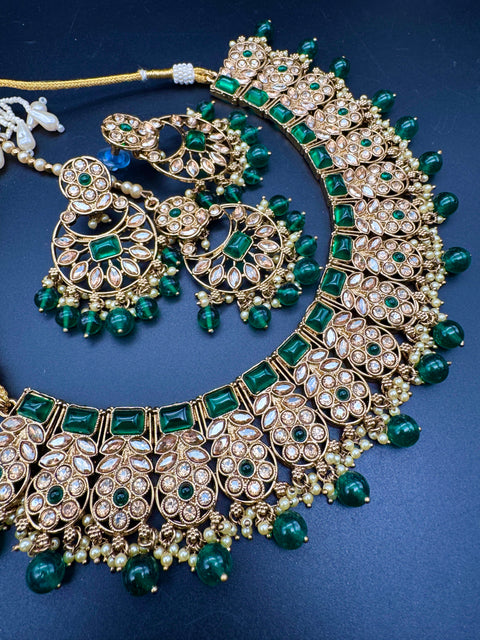 Original Polki stone with pearls beaded work beautiful necklace with jhumka and tikka set