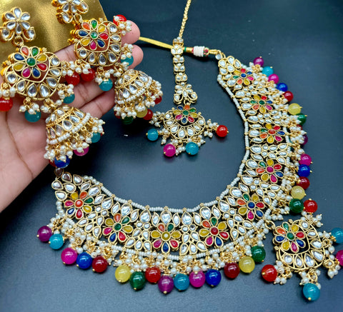 Kundan with pearls work beautiful heavy work necklace with designer Jhumka Earrings and Tikka