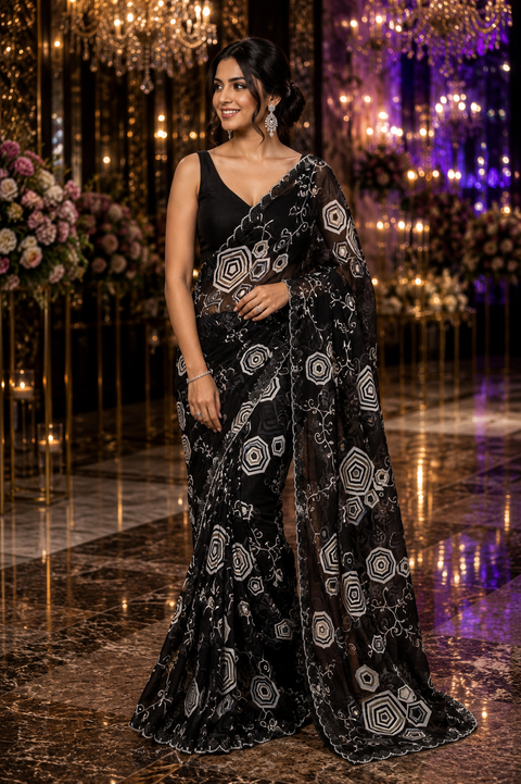 Beautiful black Stones work border design beautiful very soft Georgette Saree. The Blouse Worn By The Model Is For Reference Purposes Only. The Blouse Piece Is Attached Separately With The Saree. Slight Variation In Color And Design May Occur.