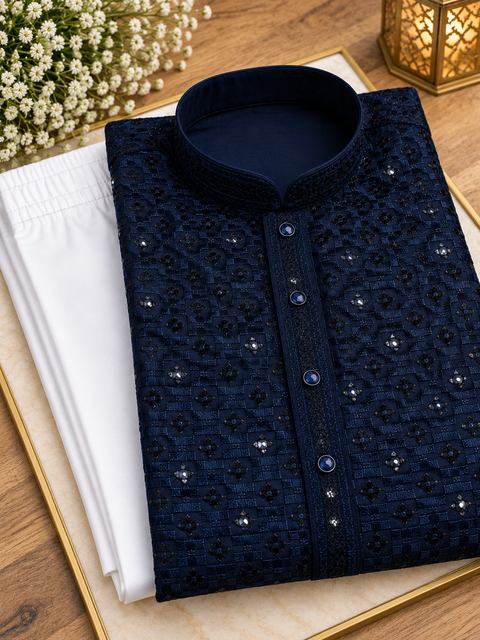 Soft Rayon based embroidery with sequined work kurta, Comes with a white pajama.Slight variation in colour and design is possible.