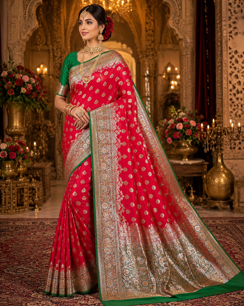Luxurious Banarasi Silk Saree with rich zari weaving and elegant stone work on the pallu. Comes with an attached blouse piece. Model image is for reference only; slight variation in color and design may occur.