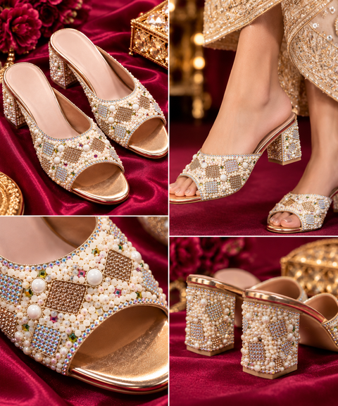 Elegant open-toe block heels with beautiful pearl, bead and stone work all over. The comfortable slip-on style and embellished heel make them perfect for weddings, parties and festive wear.