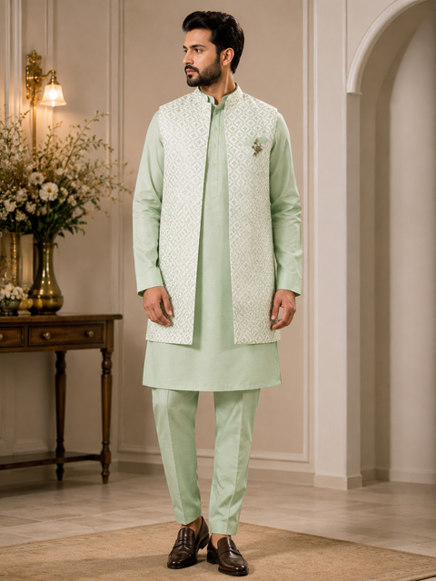Brocade silk designer jacket with plain kurta and pants (slight variation in color & design is possible )