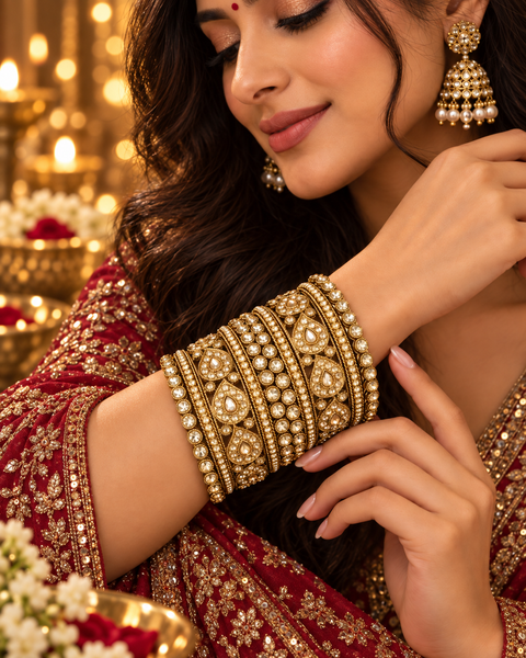 Beautiful bangle set featuring sparkling polki stones (Slight variations in color & design is possible )