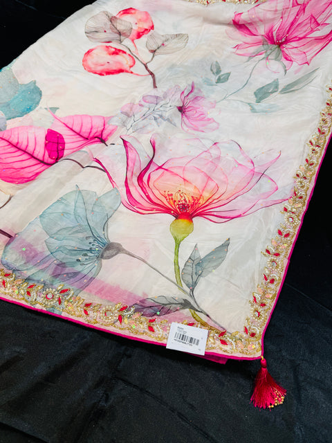 (Video clip attached )Tint of pink colour Pure and very very soft malmal tissue silk Saree with handwork border and floral print with sequined