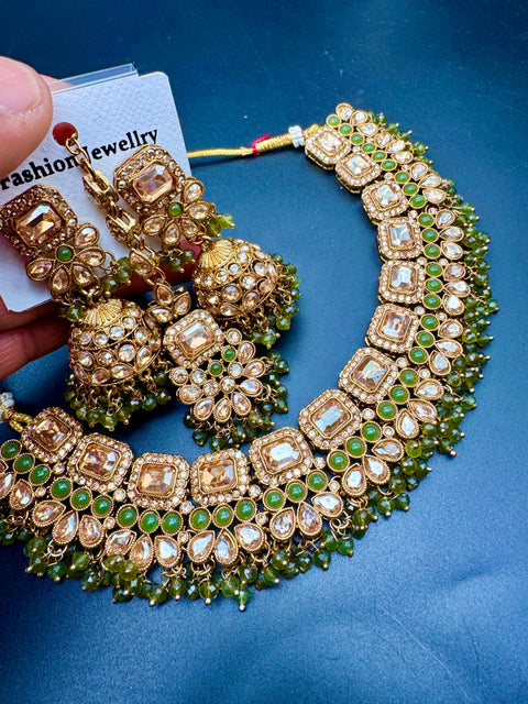 Polki stone with pearls beaded work beautiful necklace with jhumka and tikka set