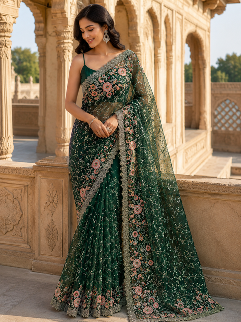 Netting based embroidery jaal all over with stone work designer saree(blouse piece worn by model is for reference only, blouse piece attached to Saree) slight variation in color and design is possible)