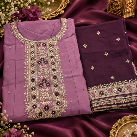 Rayon Silk/Georgette Silk Anarkali Suit featuring beautiful embroidery on the neckline and kurta, with a soft flattering flare & matching pants and a Chinon dupatta finished with elegant embroidery.Slight variation in colour and design is possible
