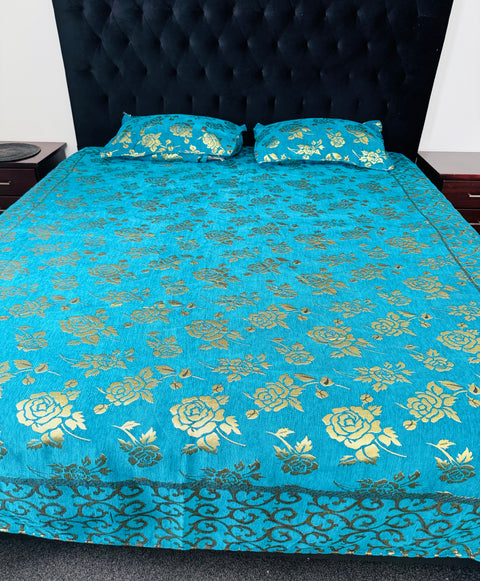 Roses Print Velvet golden zari Work Bed Sheet (275cm x 265cm)king size King Size Bedsheet With Double Pillow Cover