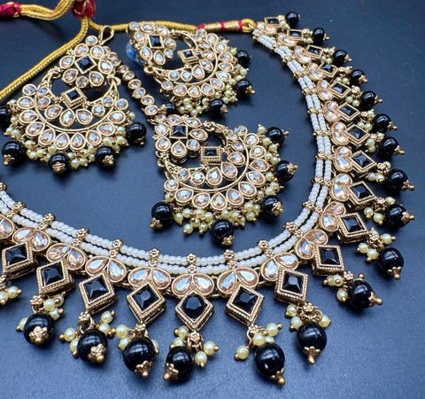 Original Polki stone with pearls beaded work beautiful necklace with jhumka and tikka set