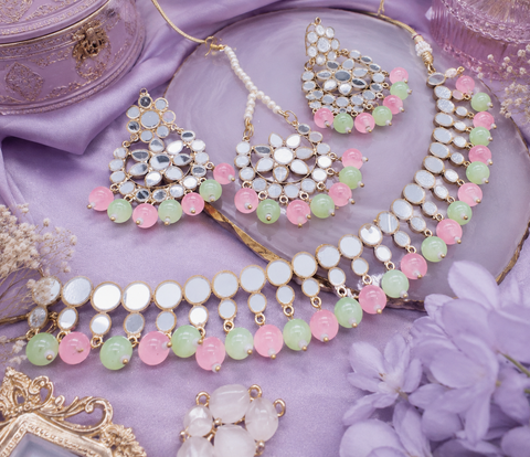 Pearls With mirror Work Necklace Set With Earrings & Tikka