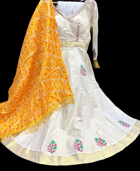 Size 38and  can go upto 42)Kerala gold tissue Anarkali with beautiful matching contrast dupatta