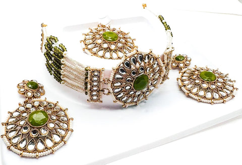 Pearls beaded with Kundan stone beautiful choker necklace with Earrings & Tikka