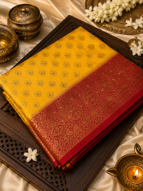 Premium Art Silk Saree featuring elegant zari weaving & stone work throughout; saree comes with an attached blouse piece. Model blouse is for reference only. Slight variation in colour and design may occur