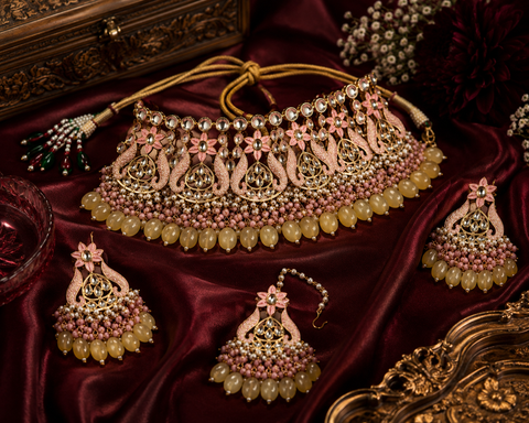 Peach colour Beautiful meenakari work with Kundan Stones necklace set(slight variation in color and design is possible)
