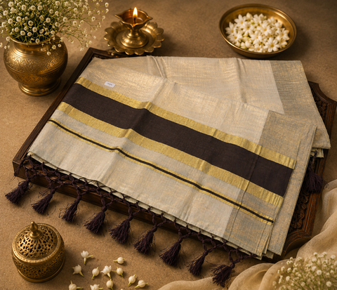 KERALA GOLD TISSUE WITH GOLD ZARI BORDER BEAUTIFUL SAREE (slight variation in color & design is possible)