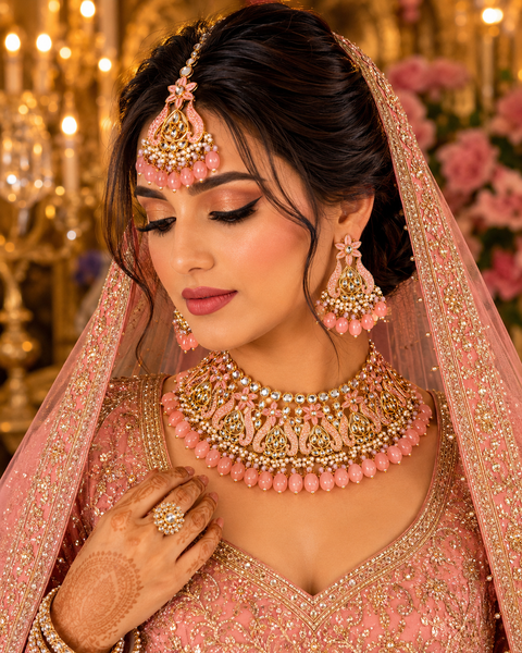Baby Pink colour Beautiful meenakari work with baby pink pearls with Kundan Stones necklace set (slight variation in color and design is possible)