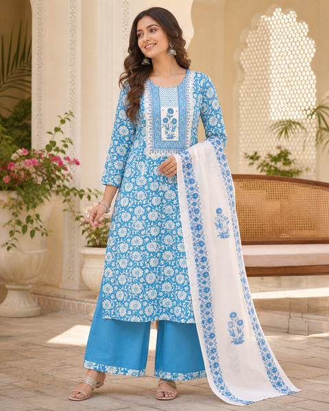 Cotton Based Printed Kurti With Plazo pants & Dupatta (slight variance in color and design is possible)