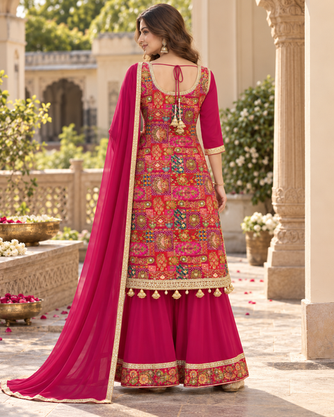 Silk-blend patchwork kameez with mirror & stone work, paired with a flowy circular palazzo and plain georgette dupatta with golden border. Slight variation in colour/design possible