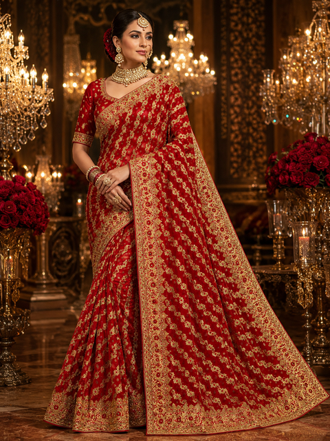 Beautiful Bridal Saree featuring intricate hand embroidery, rich gold zari work and sparkling stone embellishments. ✨Model blouse is for reference only. Blouse piece is attached with the saree. Slight variation in colour and design may occur.