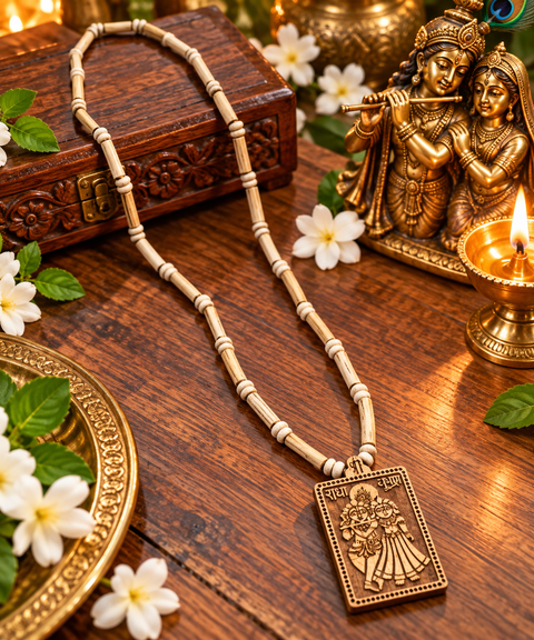 Beautiful Radha Krishna Tulsi Mala featuring natural-look wooden beads and a delicately engraved Radha Krishna pendant. Lightweight, elegant and perfect for daily wear, pooja, meditation and gifting. Slight variation in colour and design is possible.
