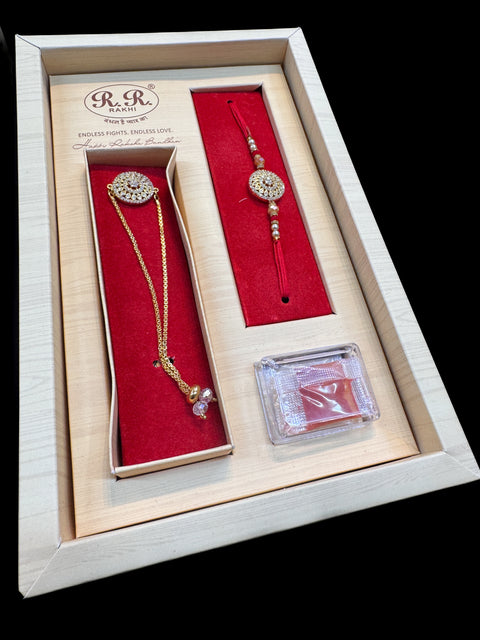 AD stone Work Bhai Bhabhi Rakhi in nice pack gift box with Mishri, Sindoor, Rice, Chandan