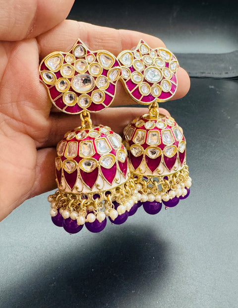 Bigger size Kundan Stone With Pearls Work Beautiful Meenakari Jhumka