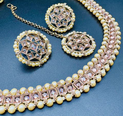 Polki And Pearls Work Beautiful Necklace Set With studs & Tikka