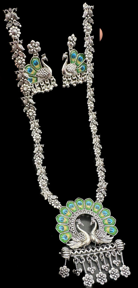 Peacock and peacock feather work Beautiful oxidised Necklace with earrings
