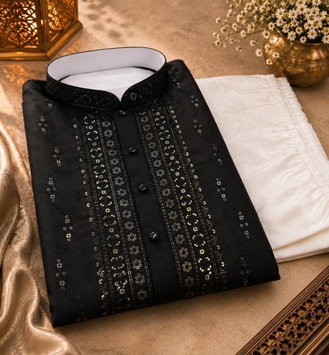 Soft Malmal Based Beautiful golden Embroidery Work With Sequins Work Designer Kurta With white Pajama (slight variation in color and design is possible)