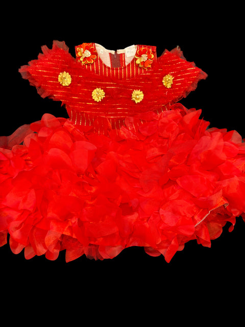 Red colour netting based beautiful kids gown