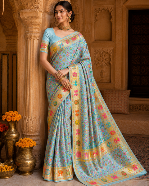 Elephant Peacock design Soft Banarasi Silk brocade saree with stone work and tessels attach on Pallu Model-Worn Blouse Is For Reference Only. Unstitched Blouse Piece Is Attached With Saree(Slight Variation In Color & Design Is Possible)
